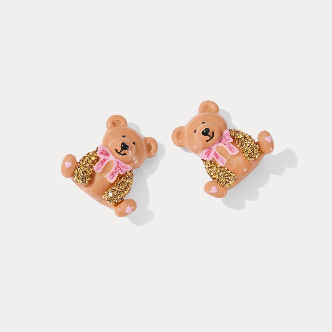 Brown Candy Bear Stud Gold Earrings