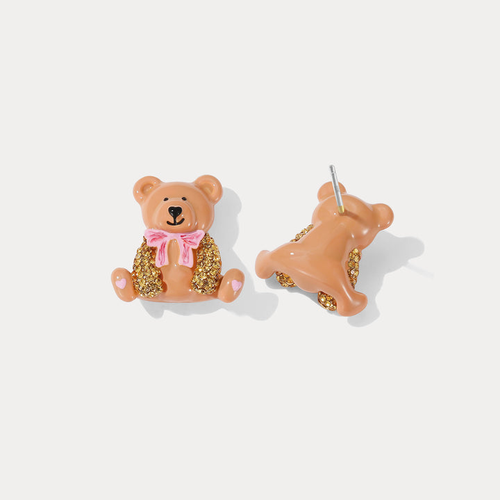 Brown Candy Bear Stud Silver Earrings