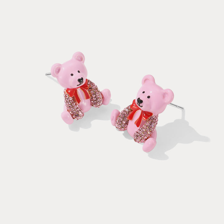 Pink Candy Bear Stud Gold Earrings