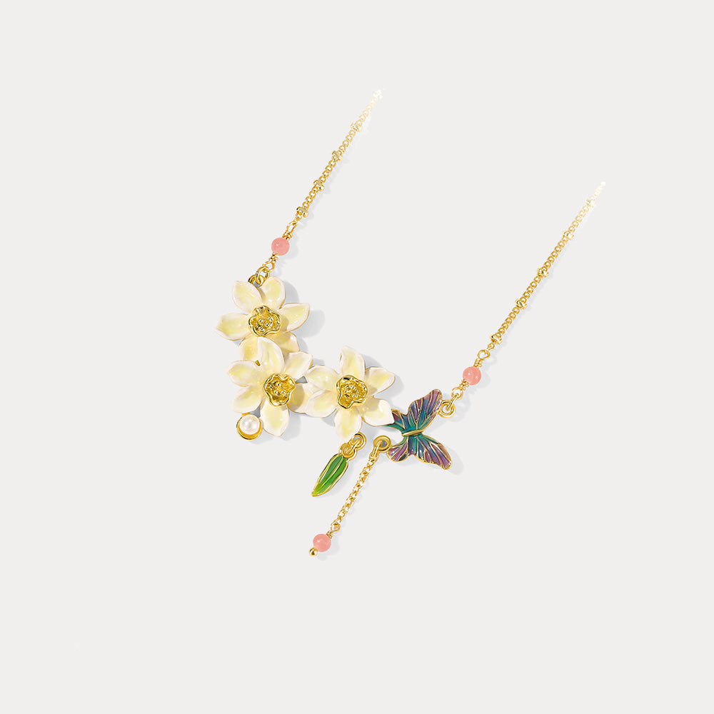 Enamel Daffodils & Butterfly Necklace