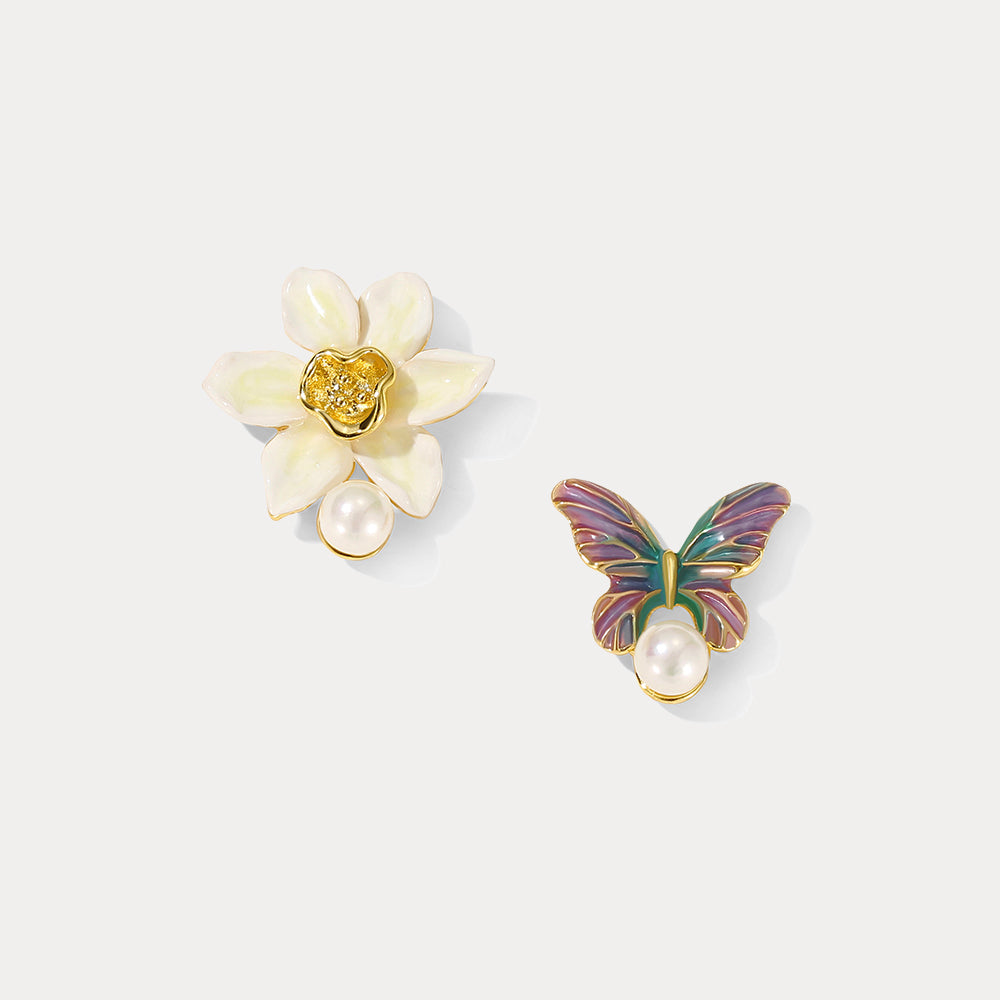 Selenichast Daffodils & Butterfly Pearl Stud Earrings