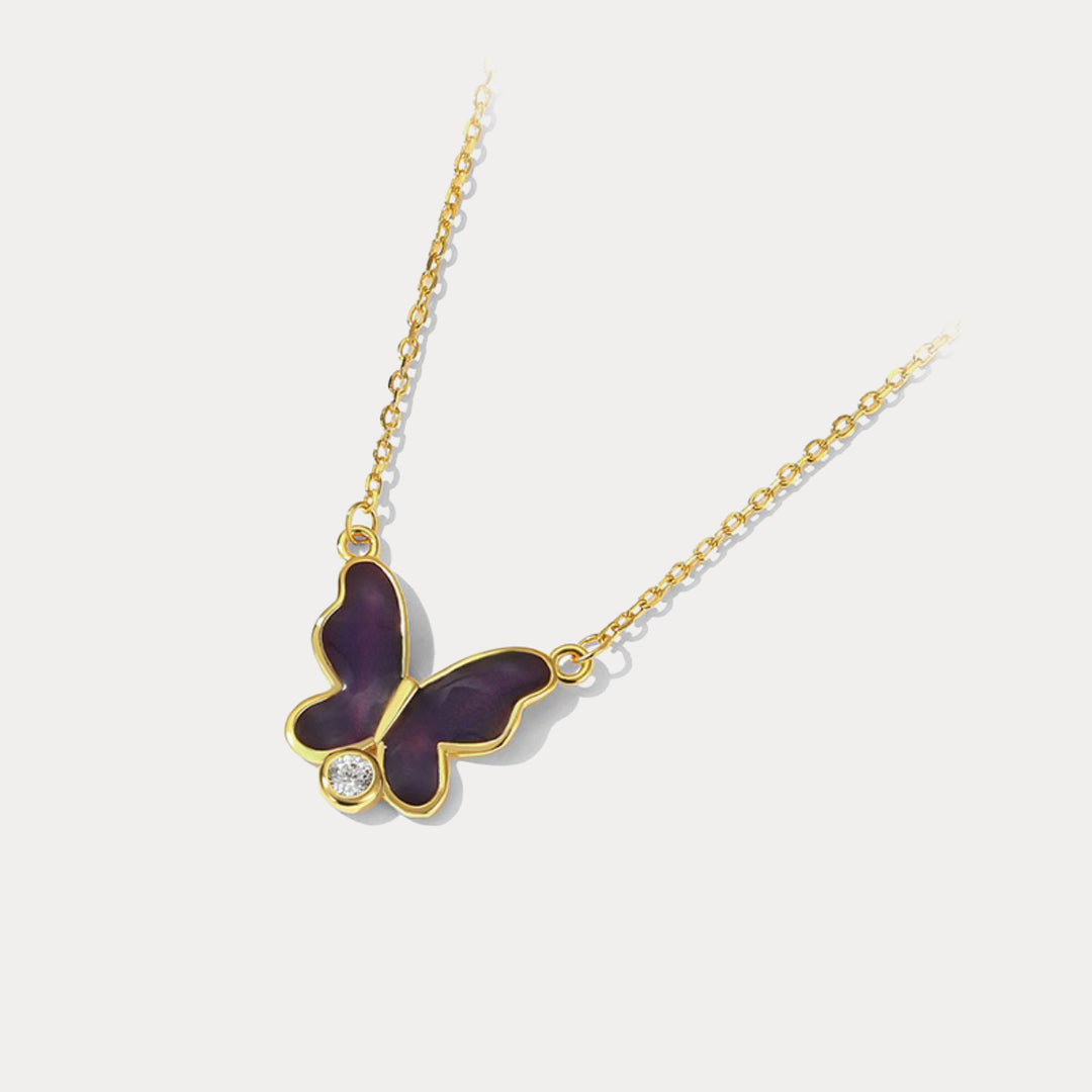thermochromic purple butterfly enamel necklace
