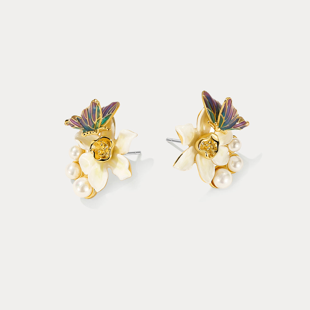 Daffodils & Butterfly Stud Earrings Autumn Jewelry