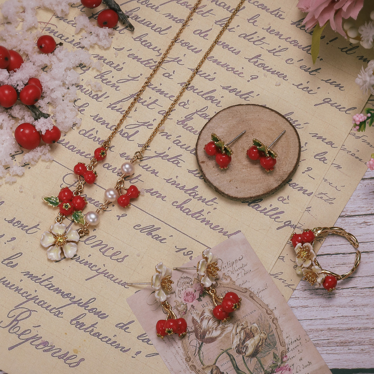 Selenichast Cranberry Flowers Ring For Women, Enamel Flower Ring ...