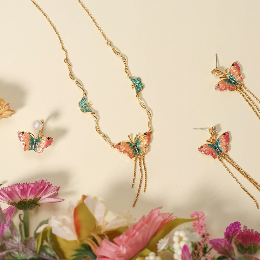 Enamel Pendant Butterfly Jewelry Set