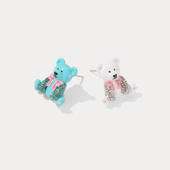 Blue White Candy Bear Stud Mismatched Earrings