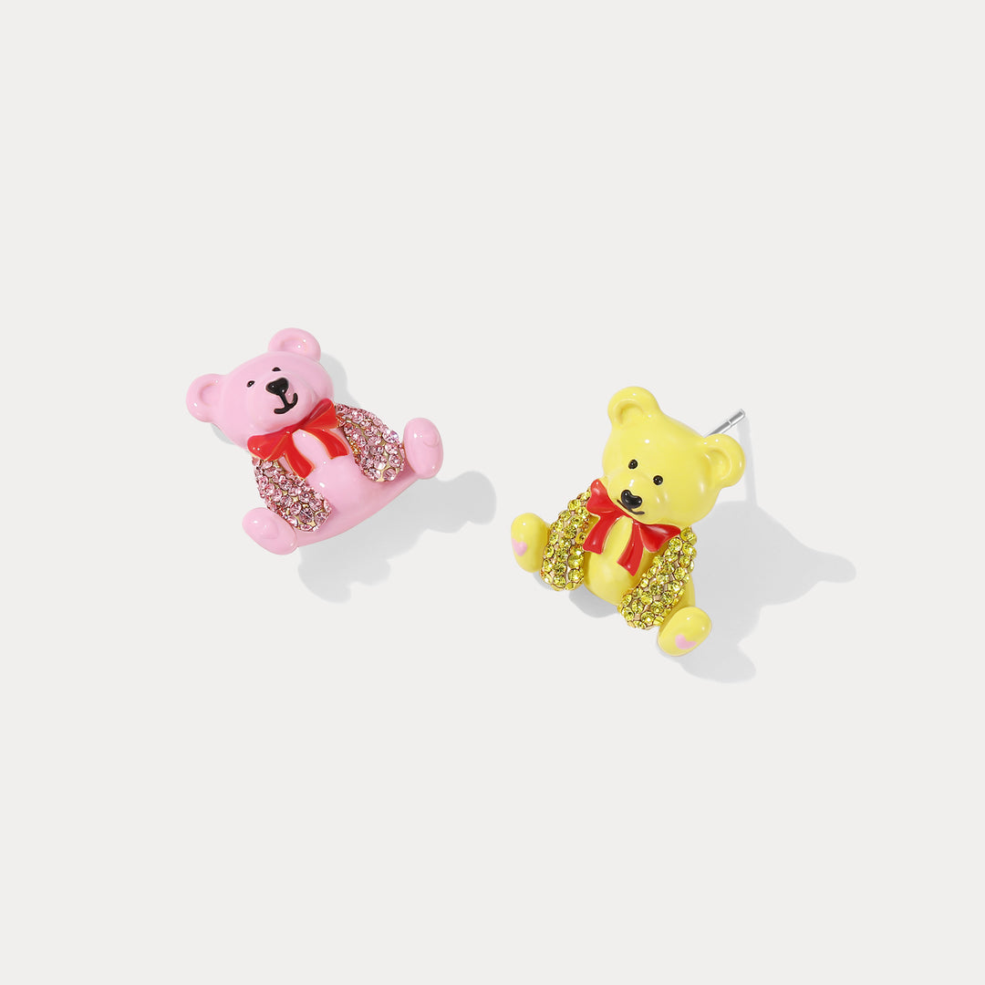 Pink White Candy Bear Stud Mismatched Earrings