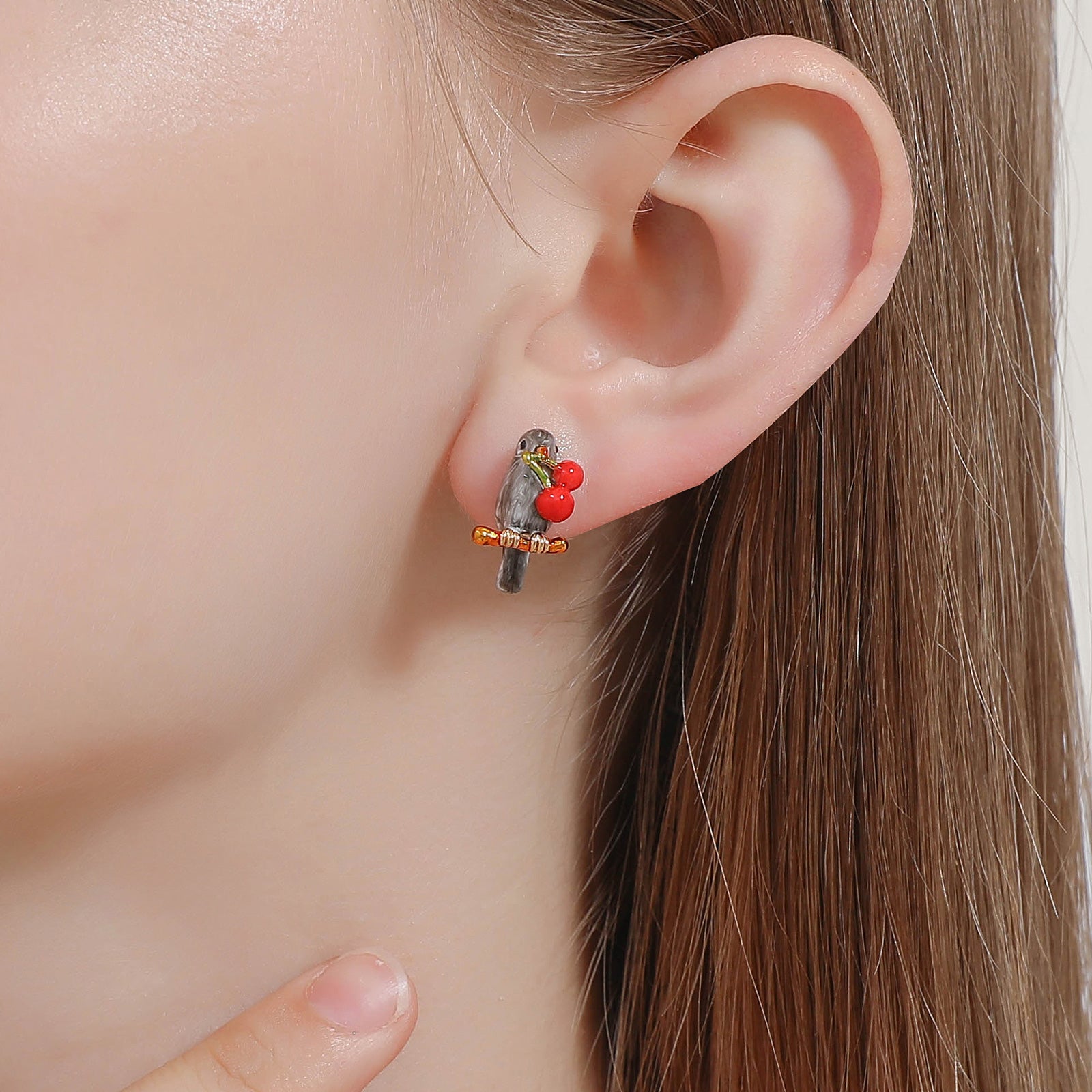 Cherry Bird Gold Earrings
