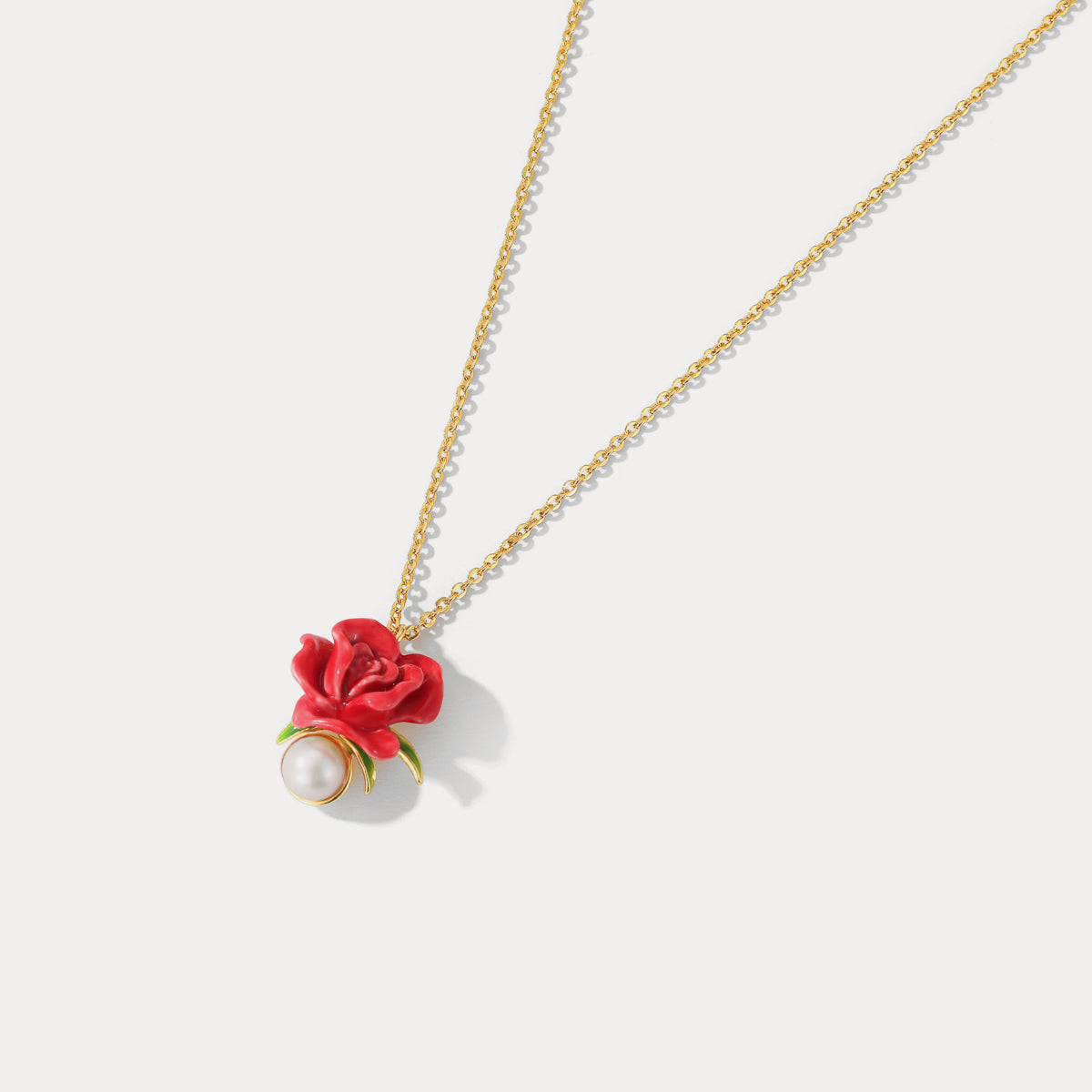 Enamel Rose Pearl Necklace