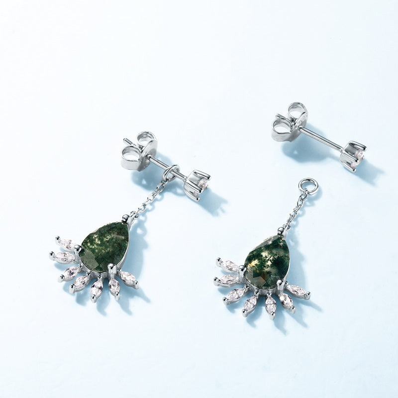 Waterweed Agate Diamond Silver Earrings