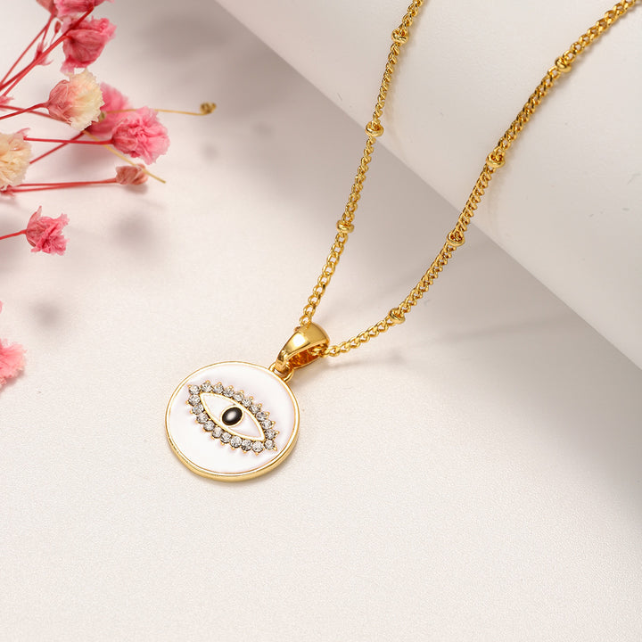 white eye diamond chain coin necklace