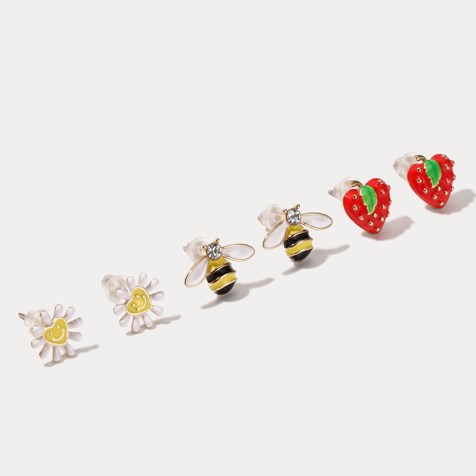 Gold Sun&Bee&Strawberry Flowers Earrings Set