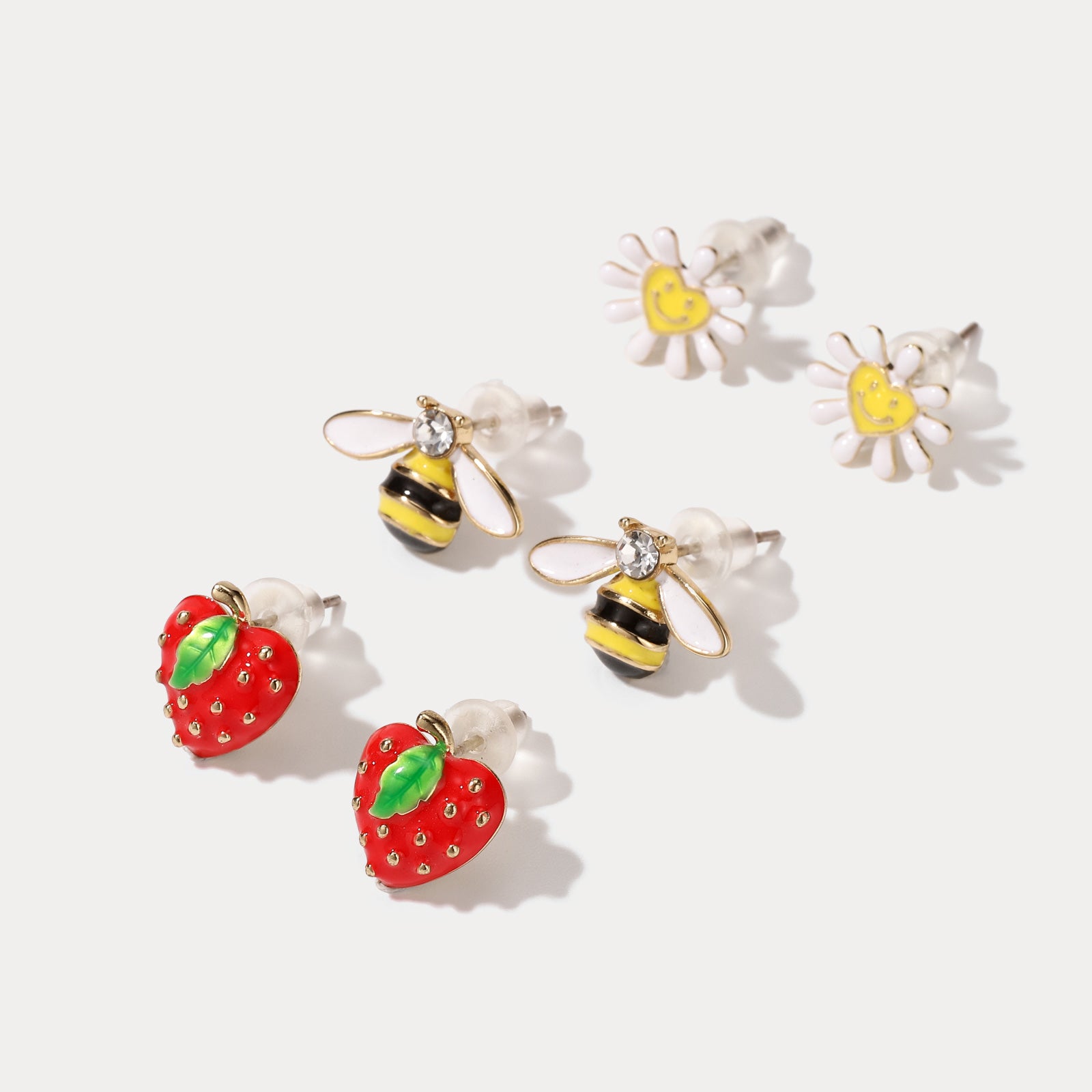 Enamel Sun&Bee&Strawberry Flowers Earrings Set
