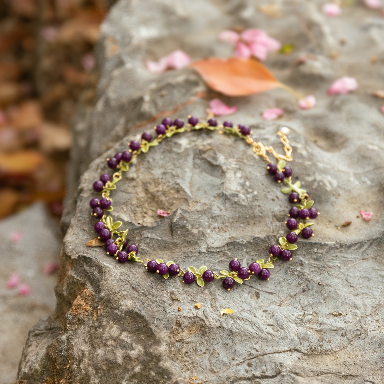 Purple Beautyberry Brass Necklace