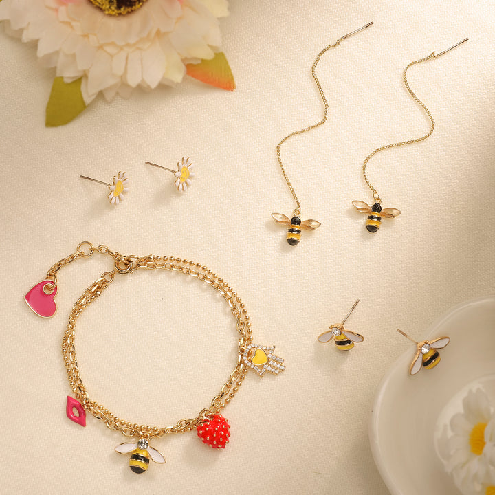 Enamel Bee&Strawberry Flowers Earrings Set