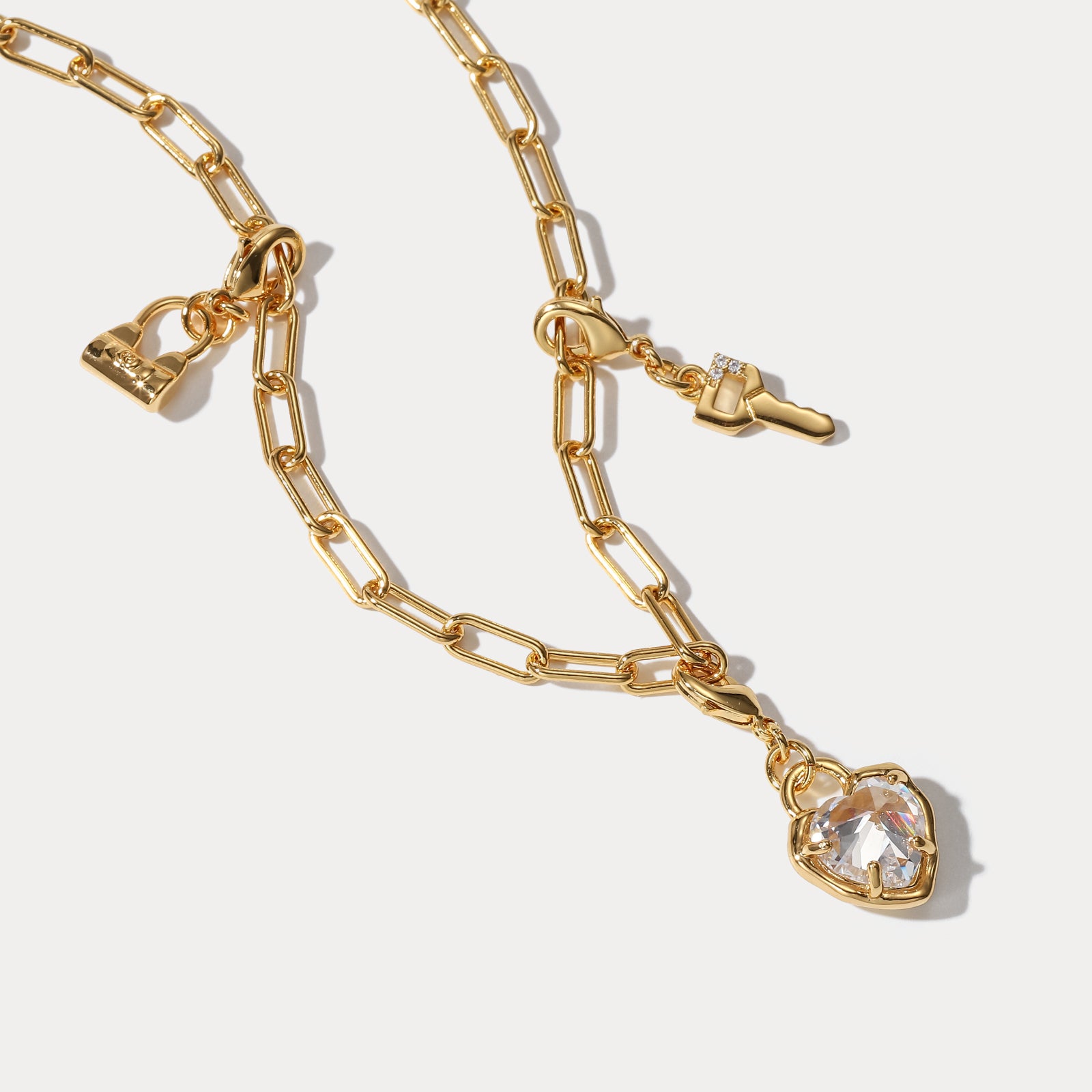 Gold Heart Diamond Lock and Key Necklace