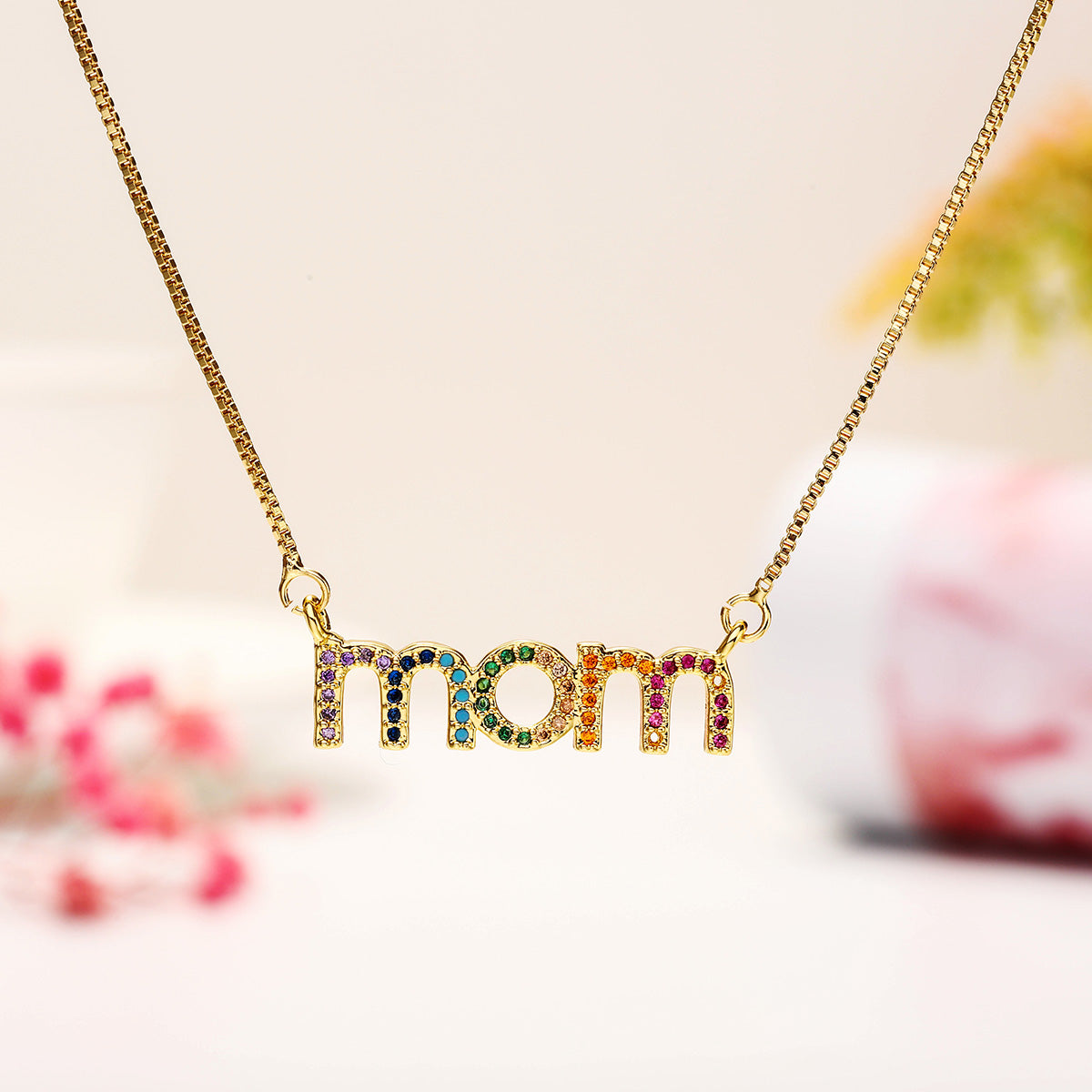 Fancy Diamond Mom Pendent Thin Necklace