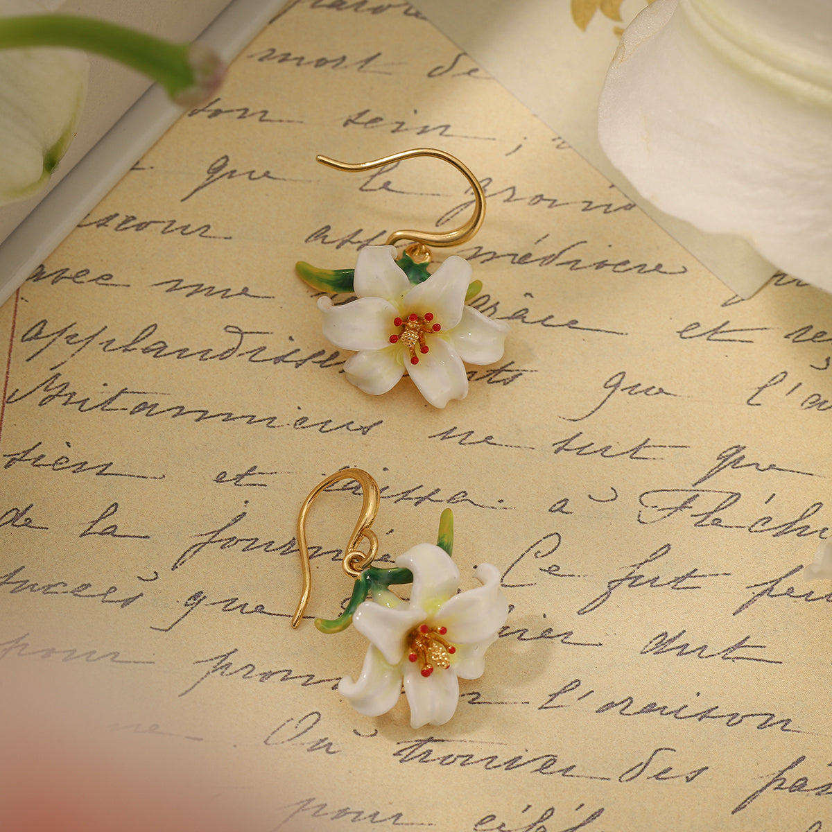 gold lily enamel earrings