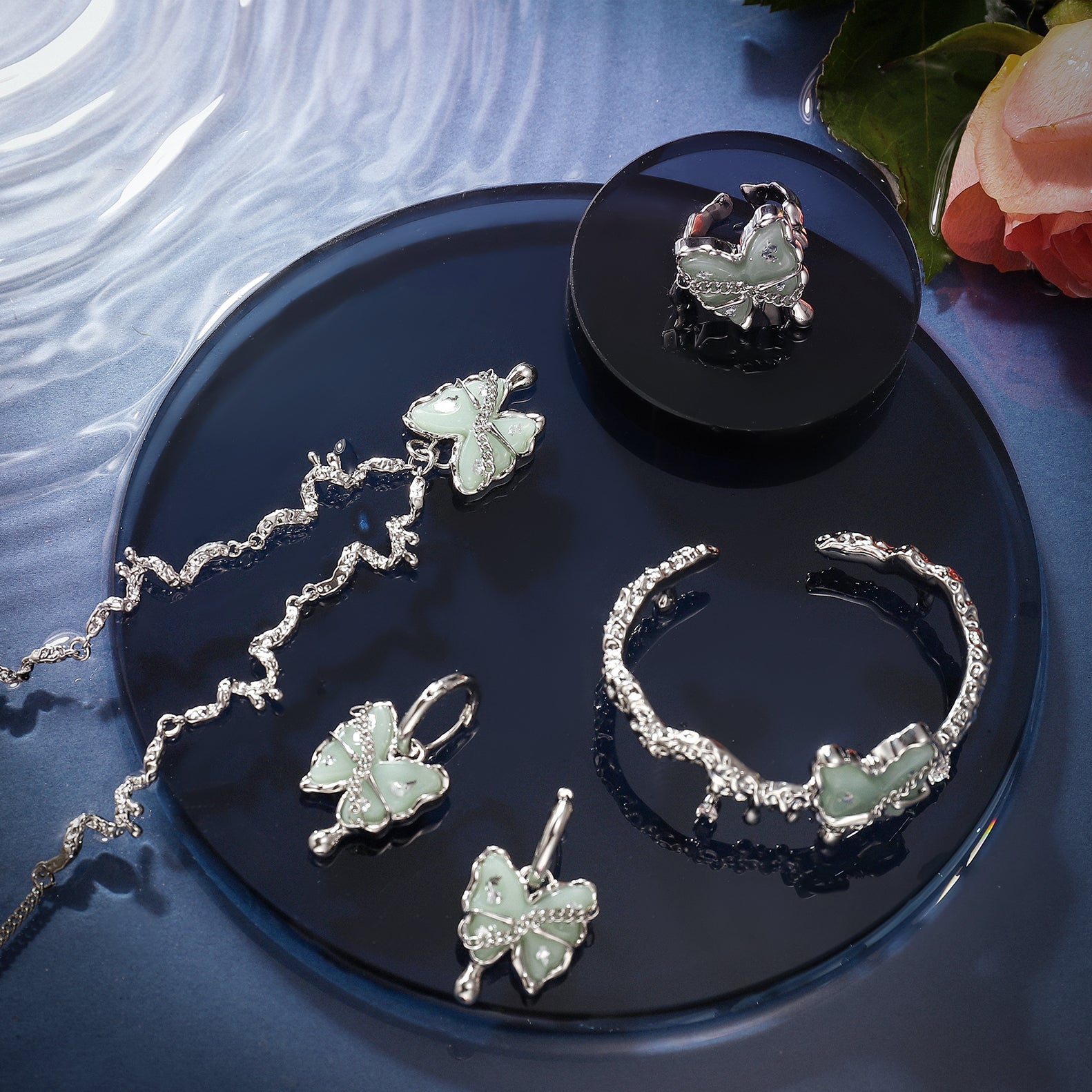 Jade Butterfly Silver Jewelry Set