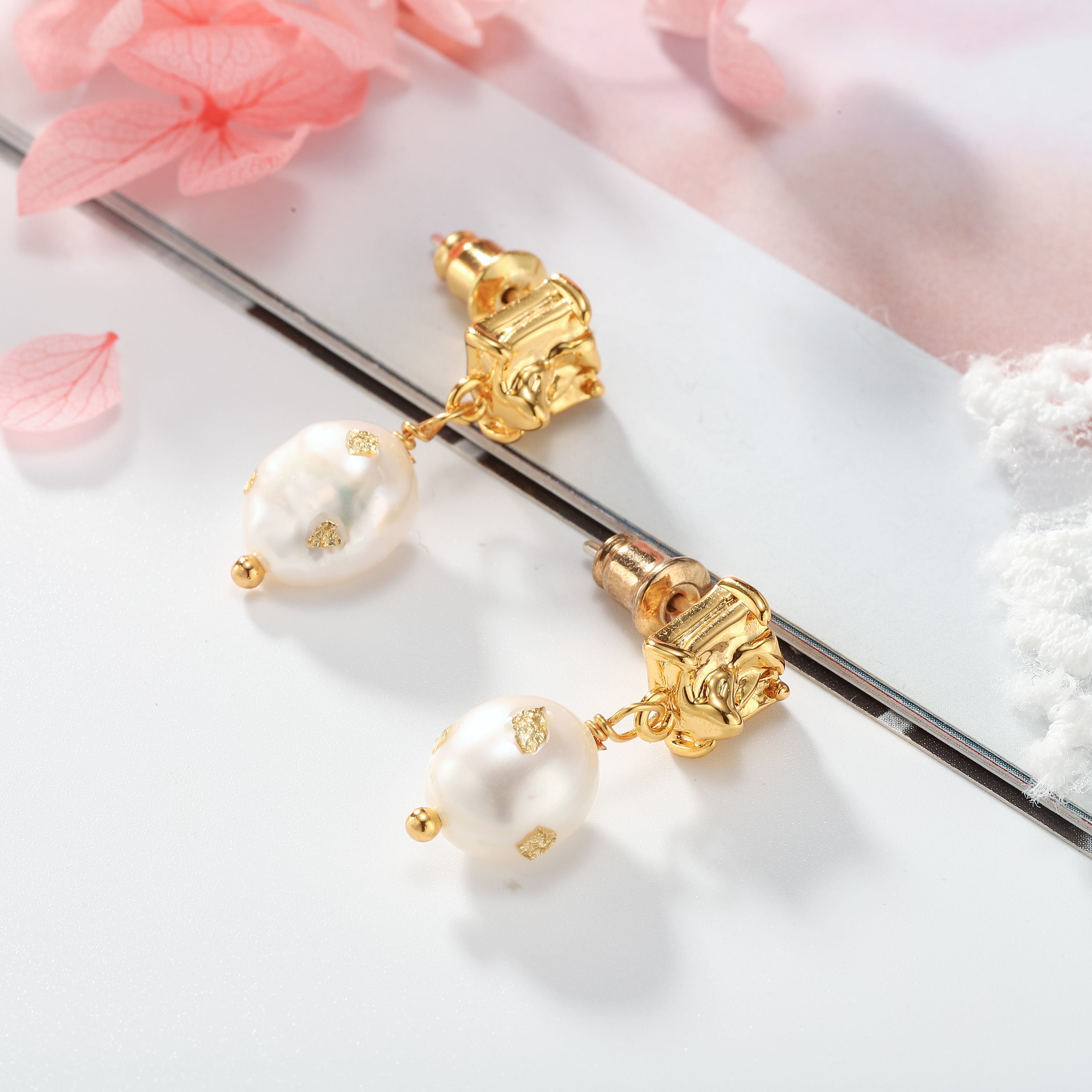 Baroque Gold Foil Pearl Drop Earrings