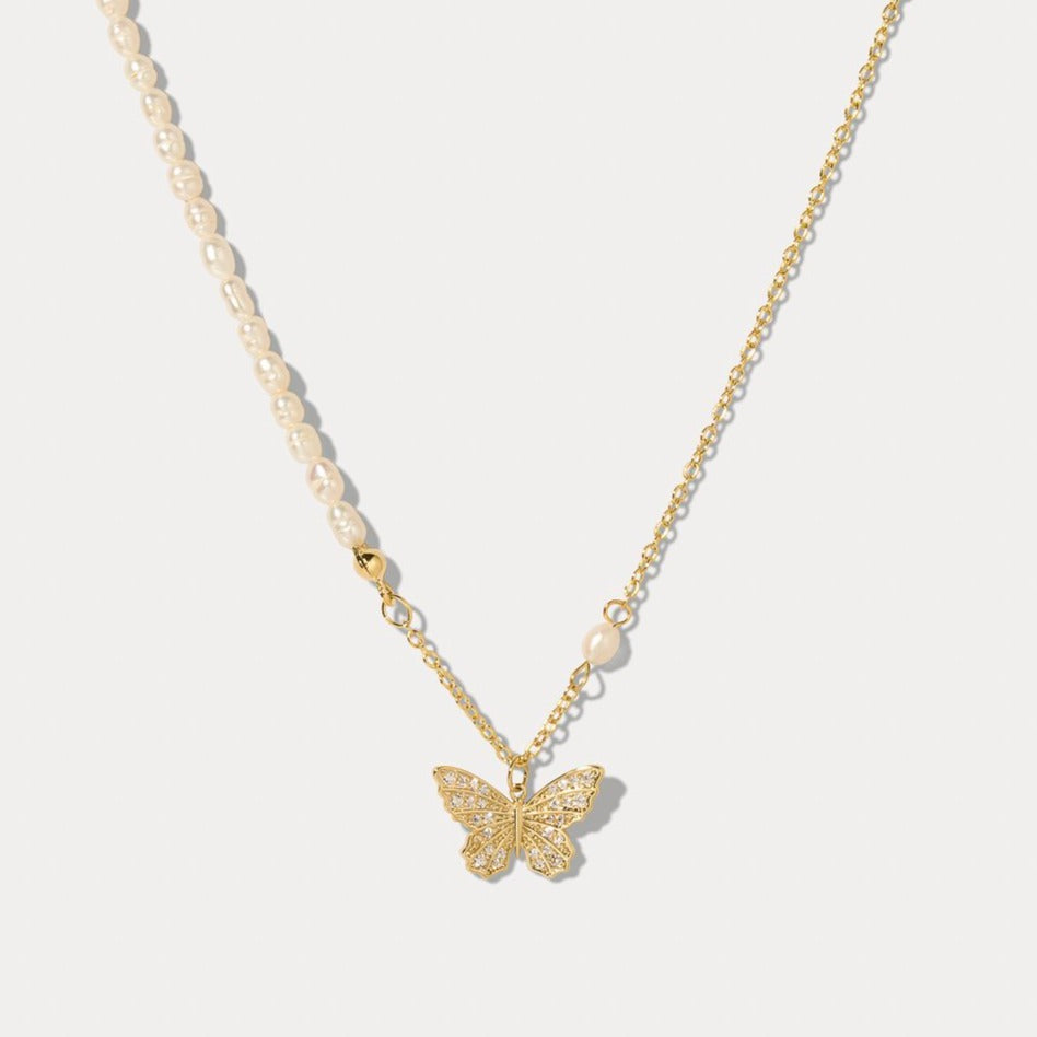 Gold Butterfly Pearl Necklace
