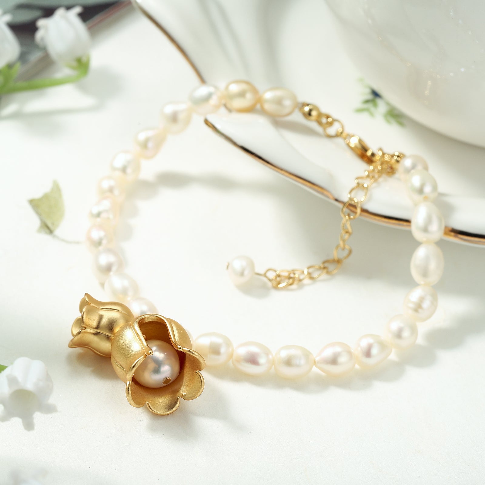 Lily Of The Valley Pearl Brass Bracelet
