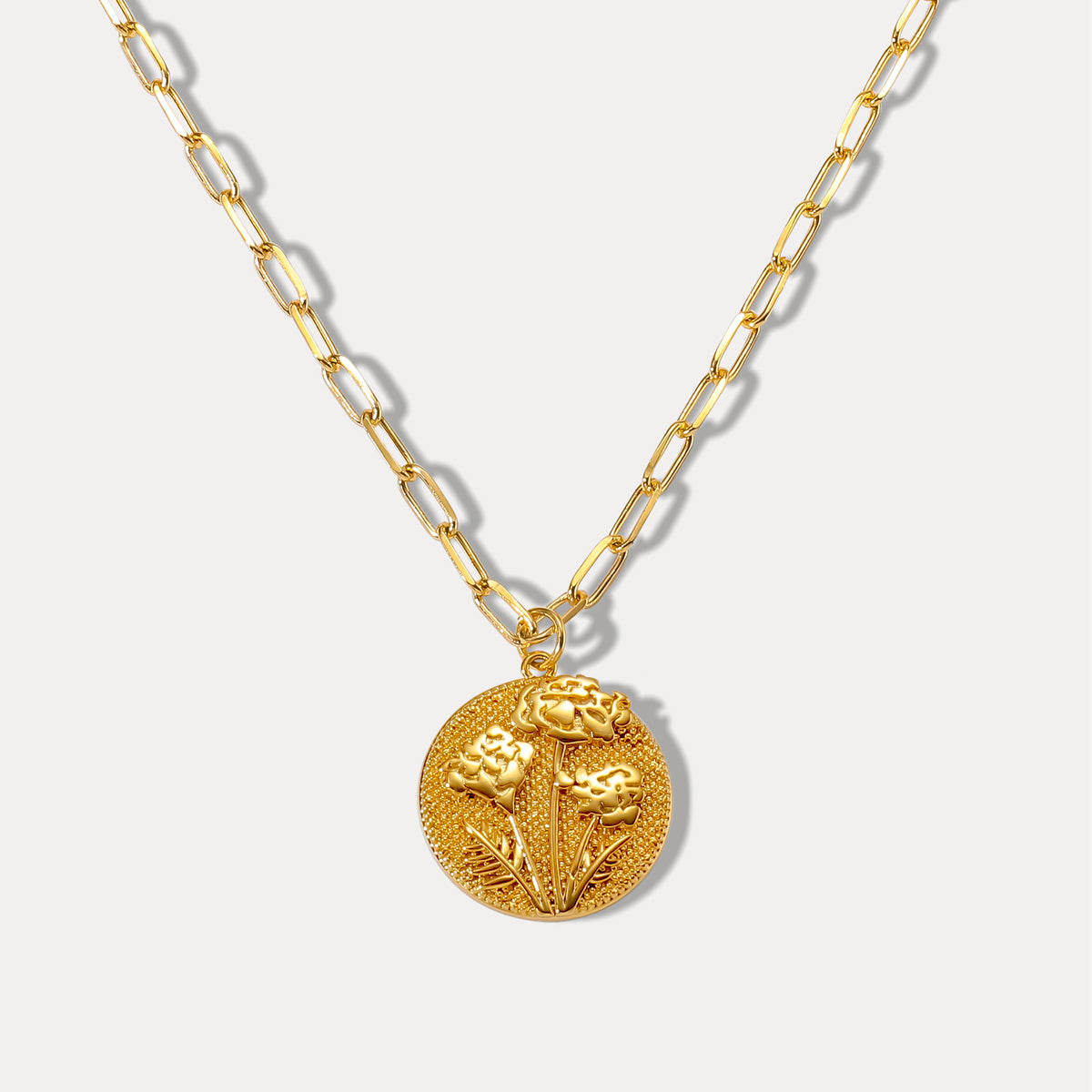 gold floral pendant marigold necklace october