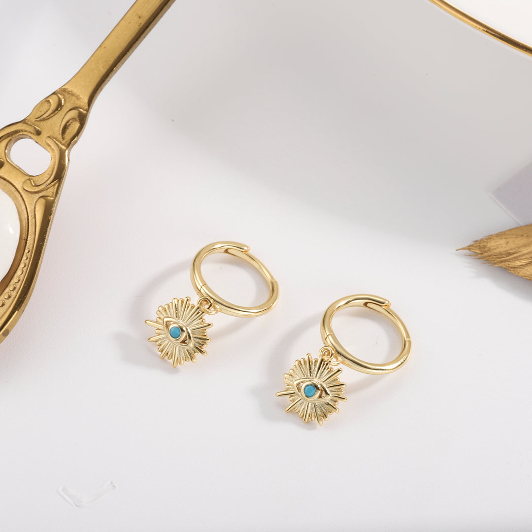 Blue Eyes Sun-Shape Drop Hoops Earrings Minimal Gold Jewelry