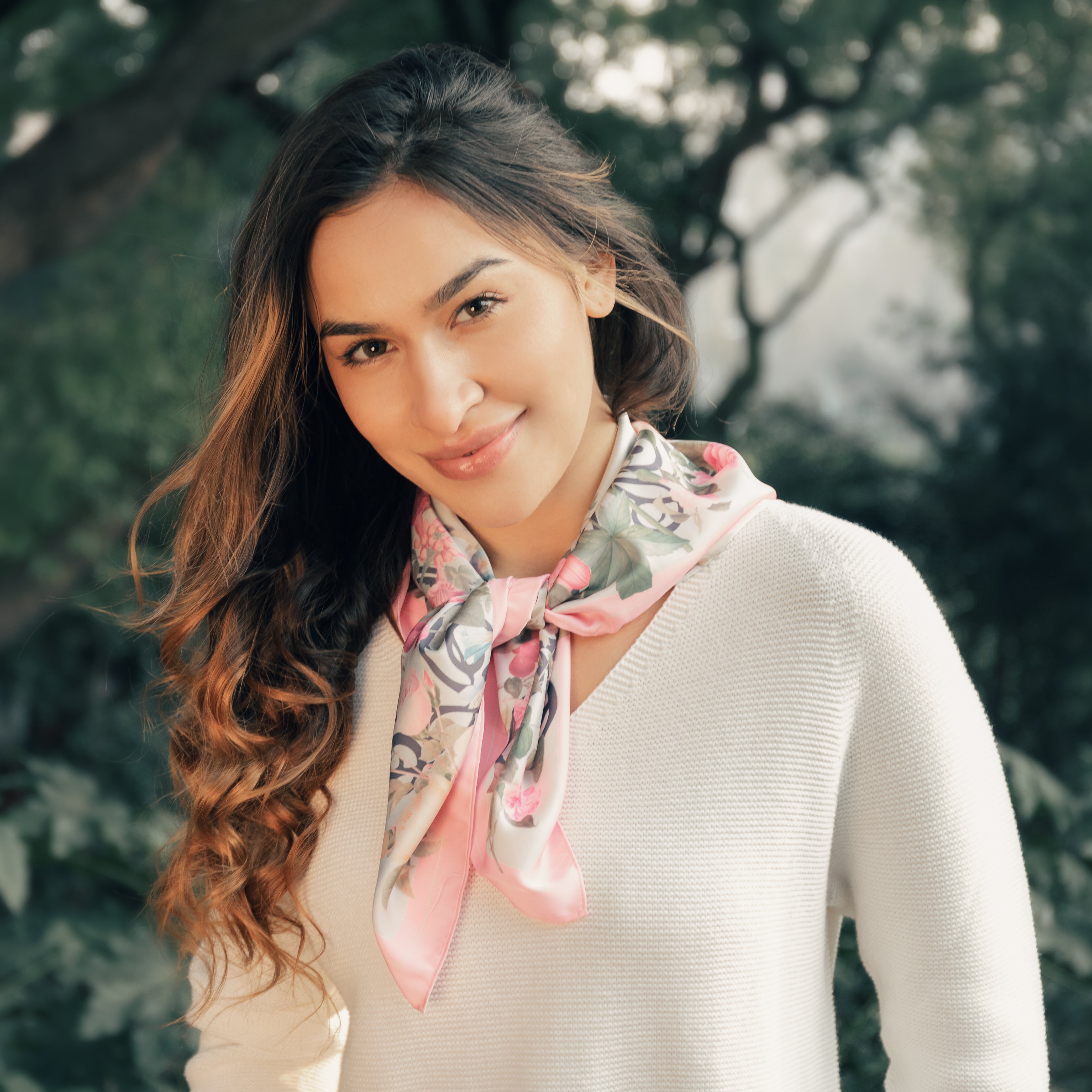 Pink Floral Square Silk Scarf