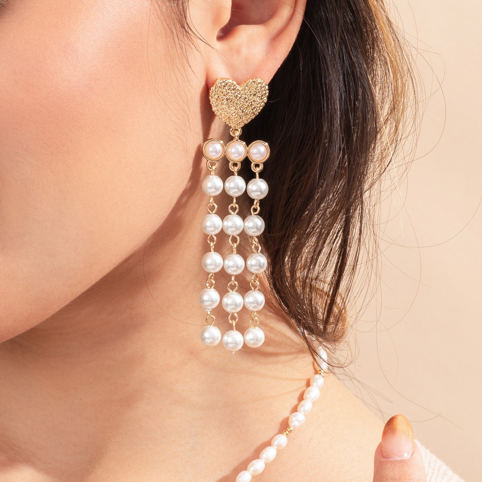 Pearl Tassel Heart Earrings