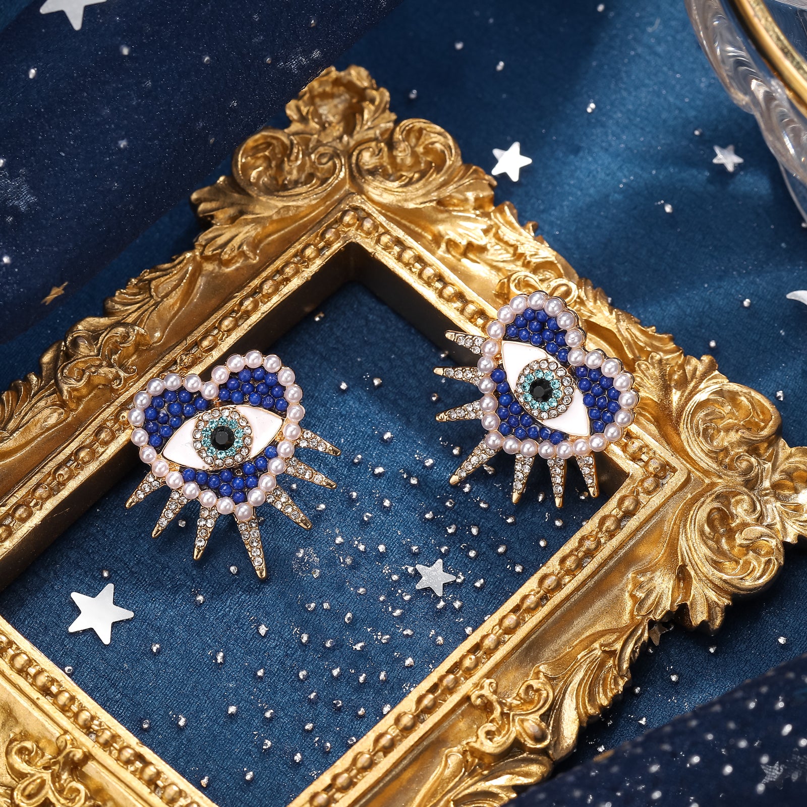 Blue Heart Sun Diamond Evil Eye Talisman Earrings