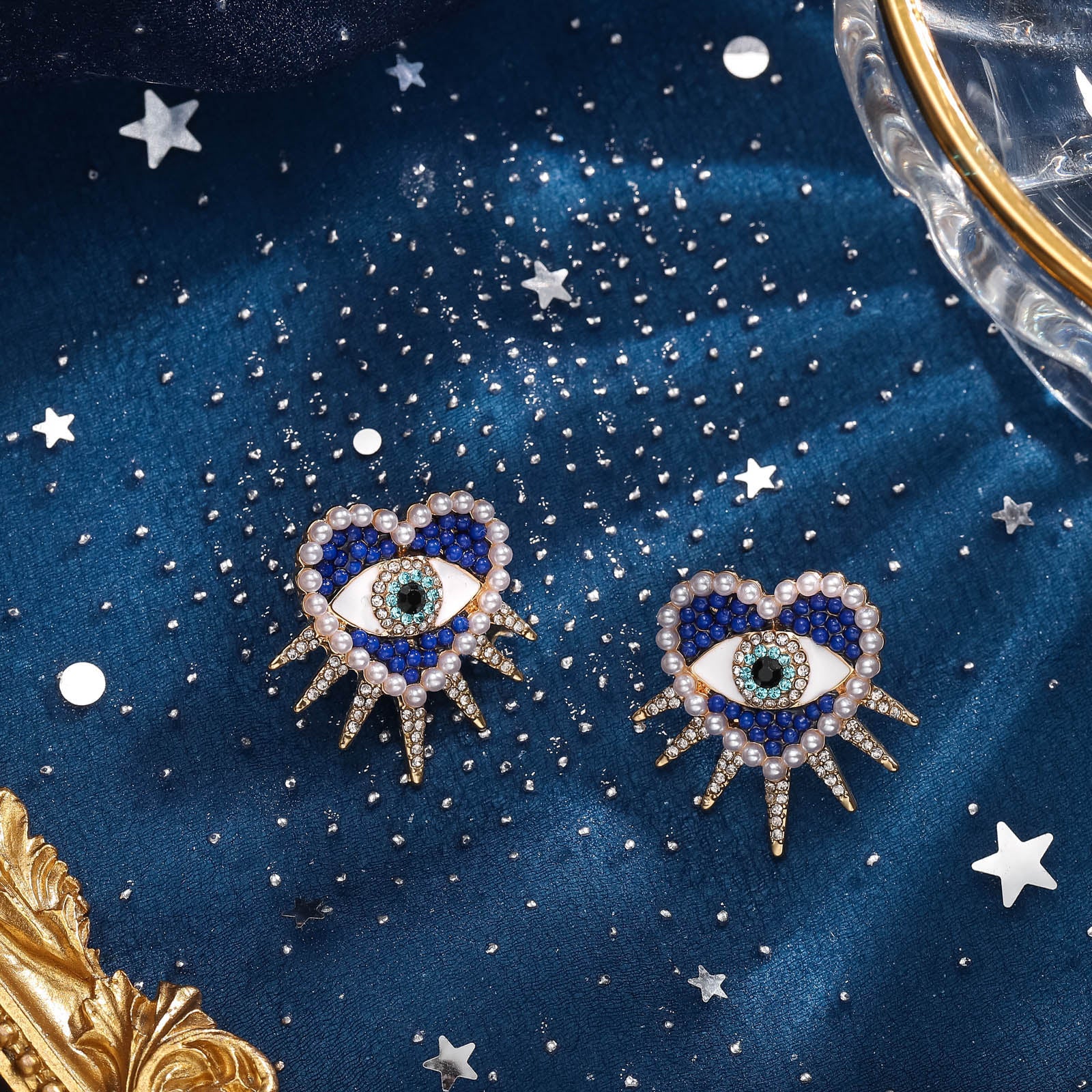 Blue Heart Sun Diamond Evil Eye Stud Earrings