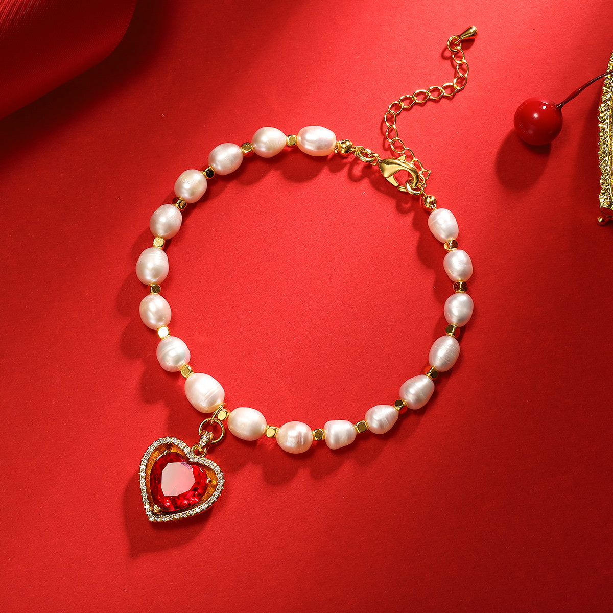 Heart Gem Pearl Brass Bracelet