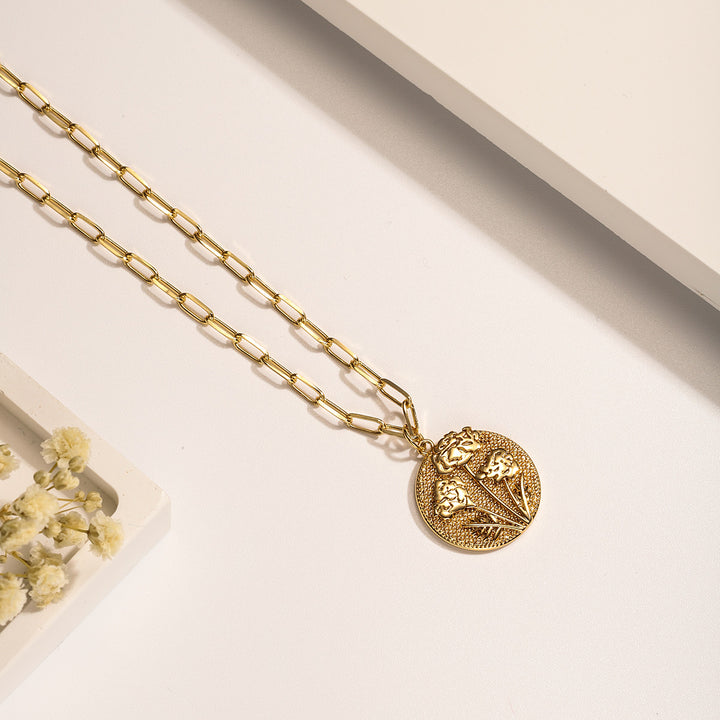 floral pendant marigold coin necklace october