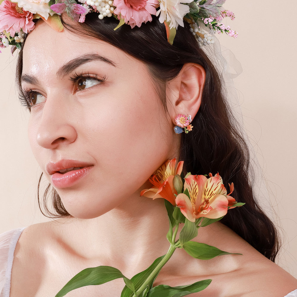 Pink Daisy Stud 18K Gold Earrings