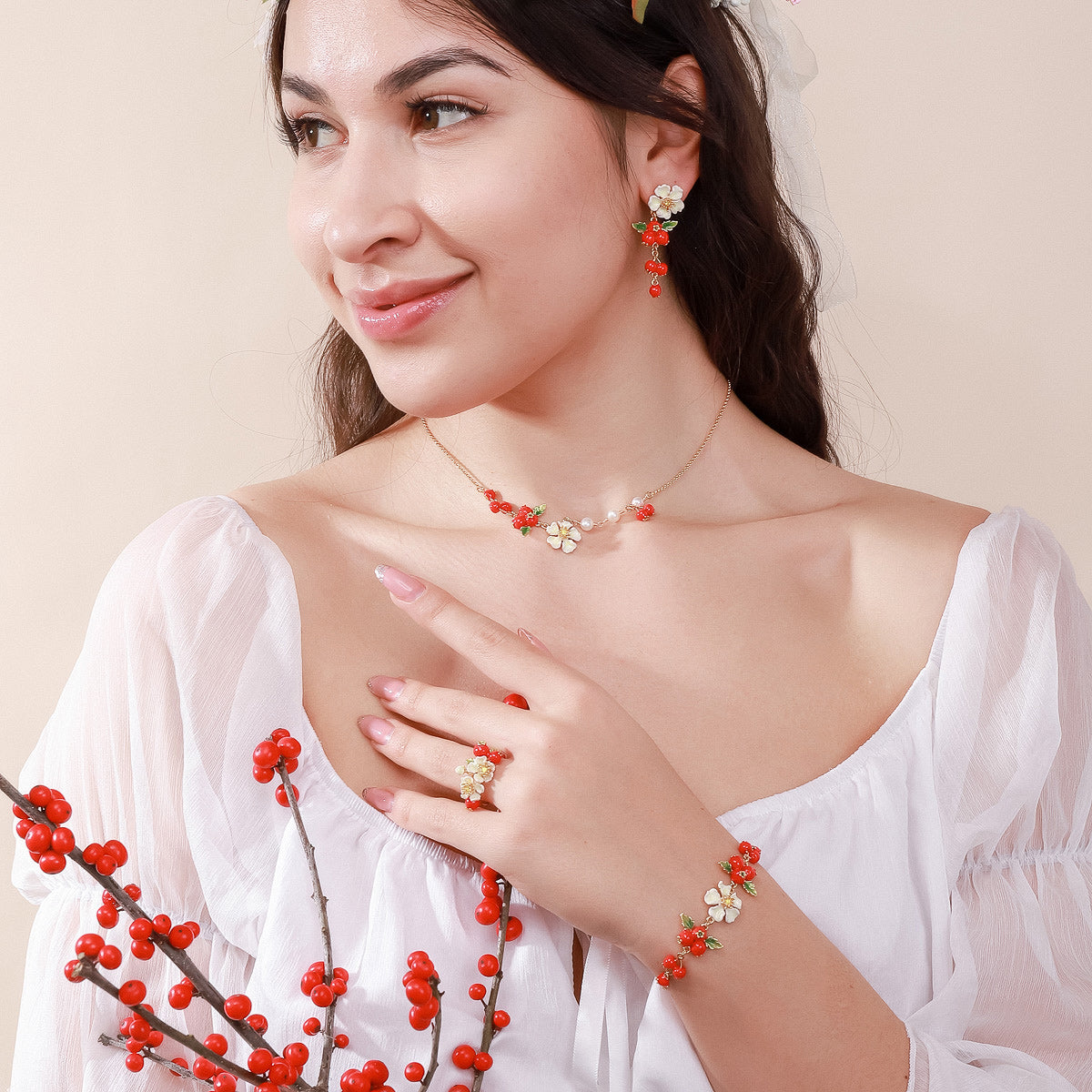 cranberry flowers jewelry set