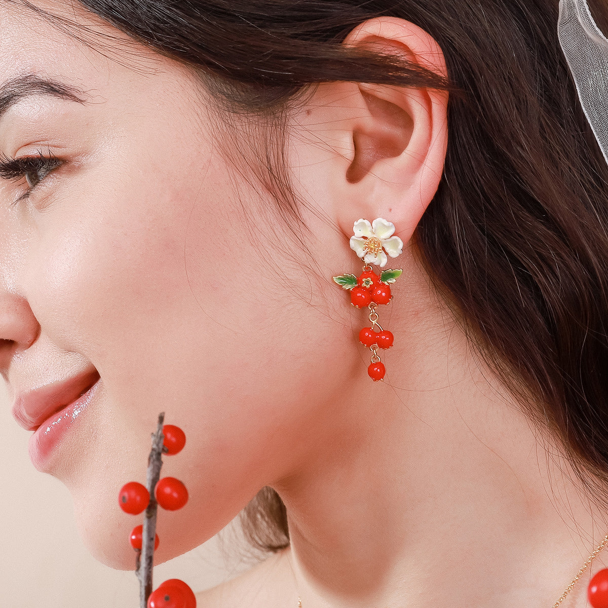 enamel cranberry flowers earrings