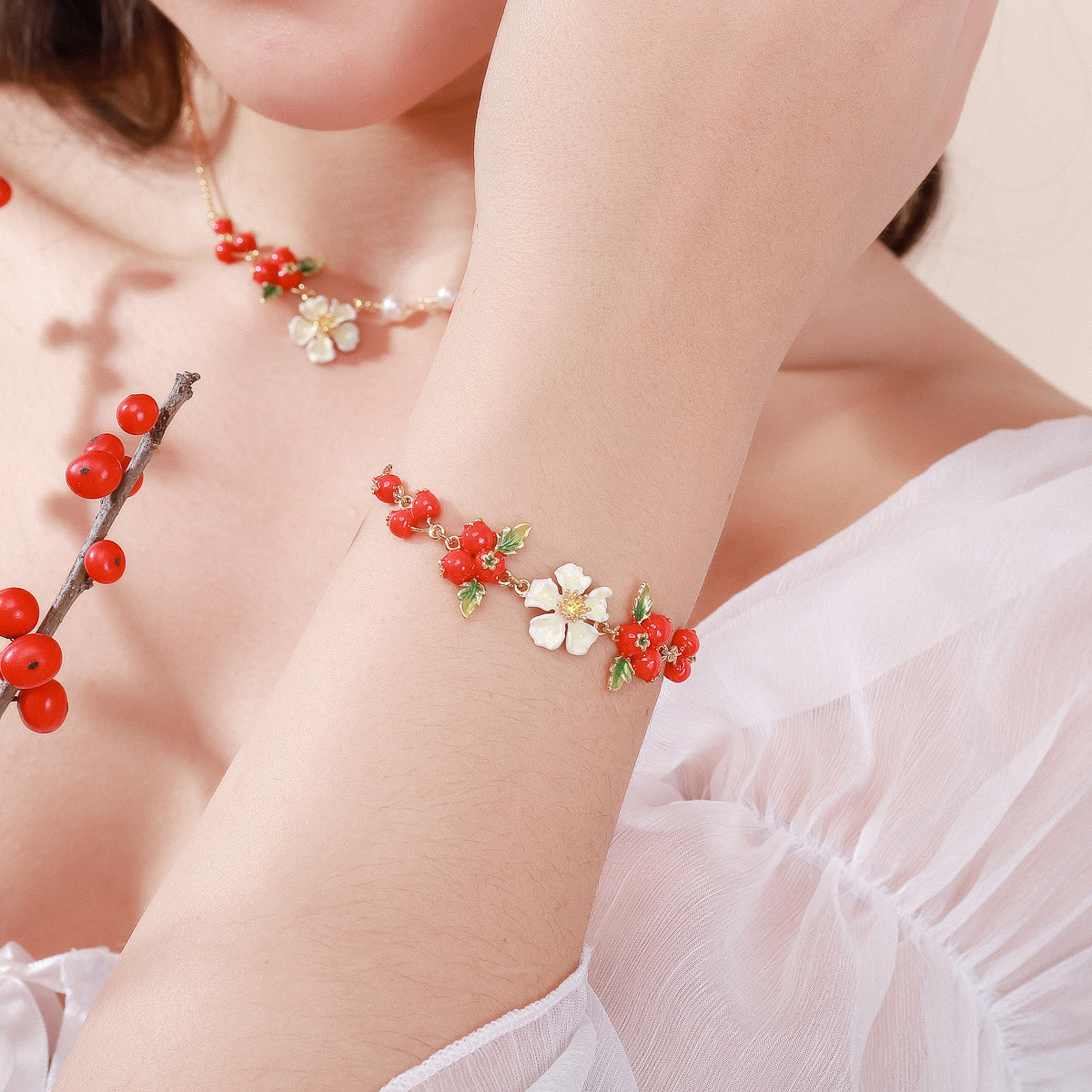 cranberry flowers gold bracelet