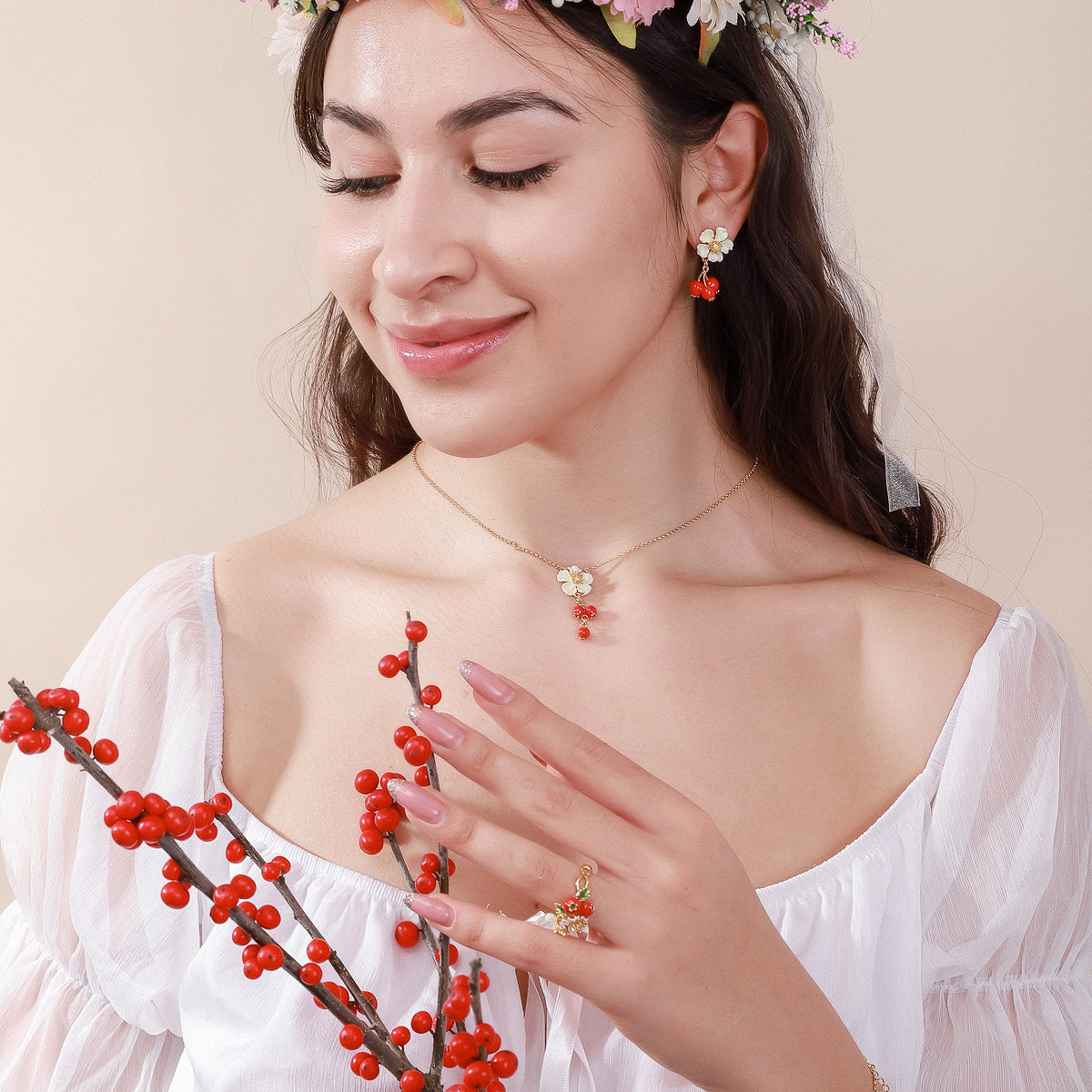 cranberry flower jewelry set