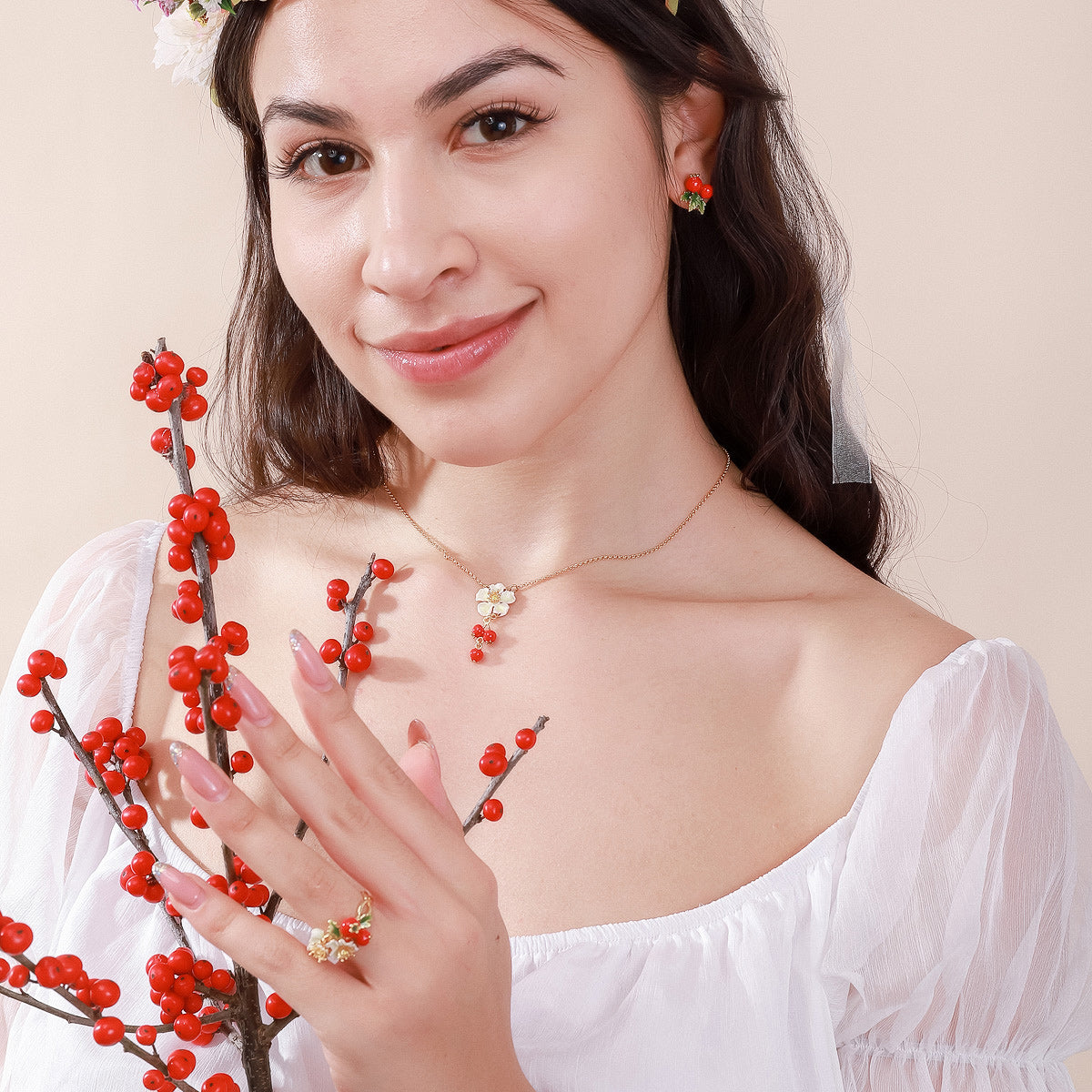 cranberry flowers jewelry set