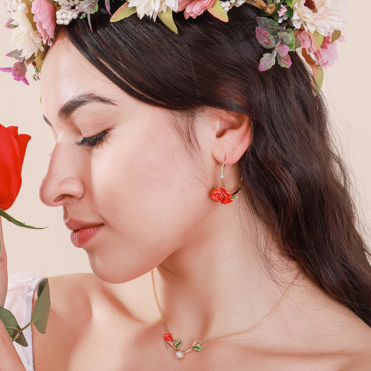 rose garland stud earrings and necklace
