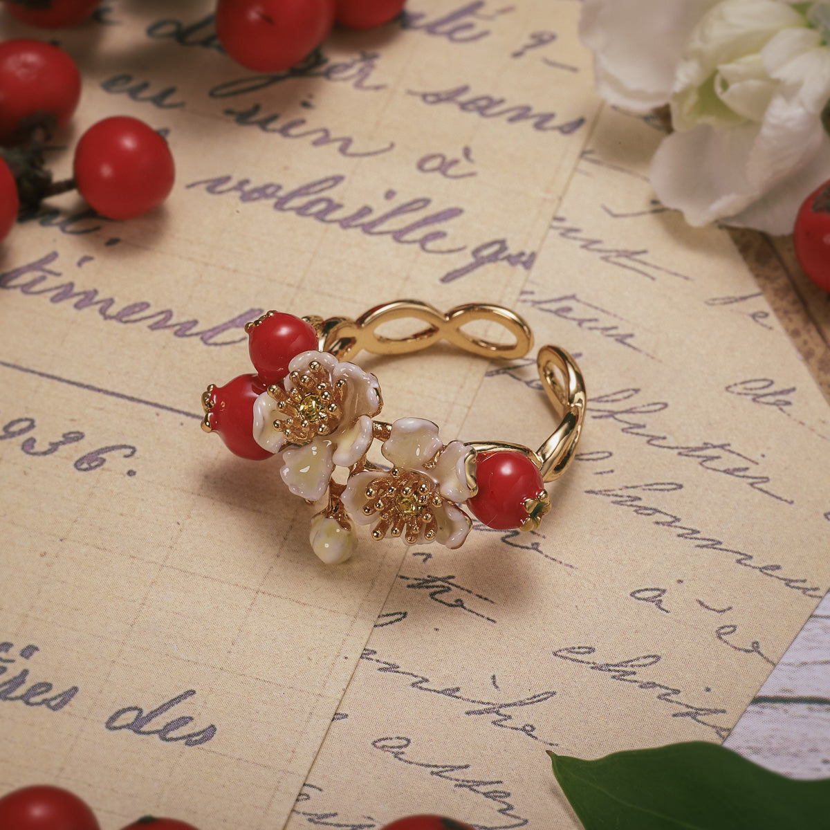 Selenichast Cranberry Flowers Ring For Women, Enamel Flower Ring ...