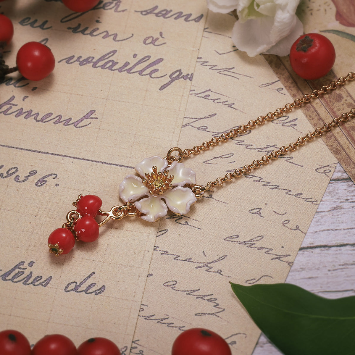 cranberry flowers pendant necklace