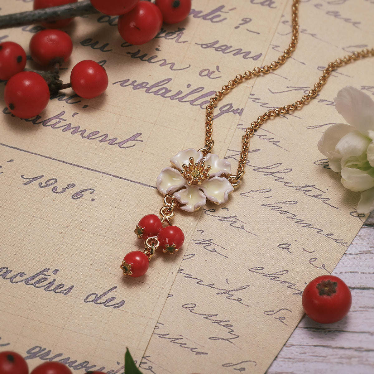 cranberry flowers enamel necklace
