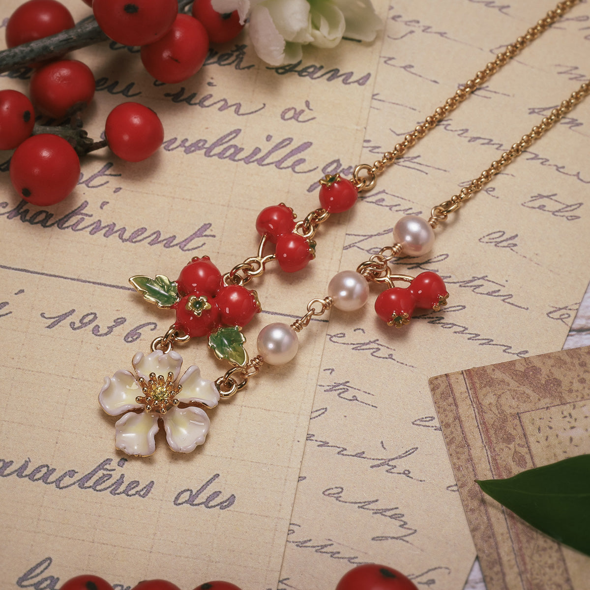 Cranberry Flowers Pearl Necklace