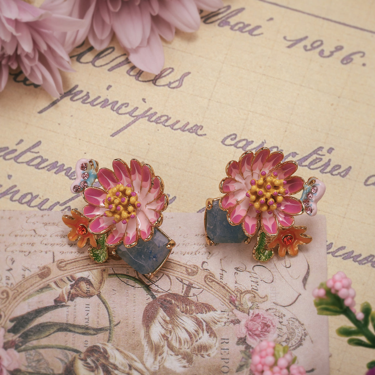 Pink Daisy Flower Stud Brass Earrings