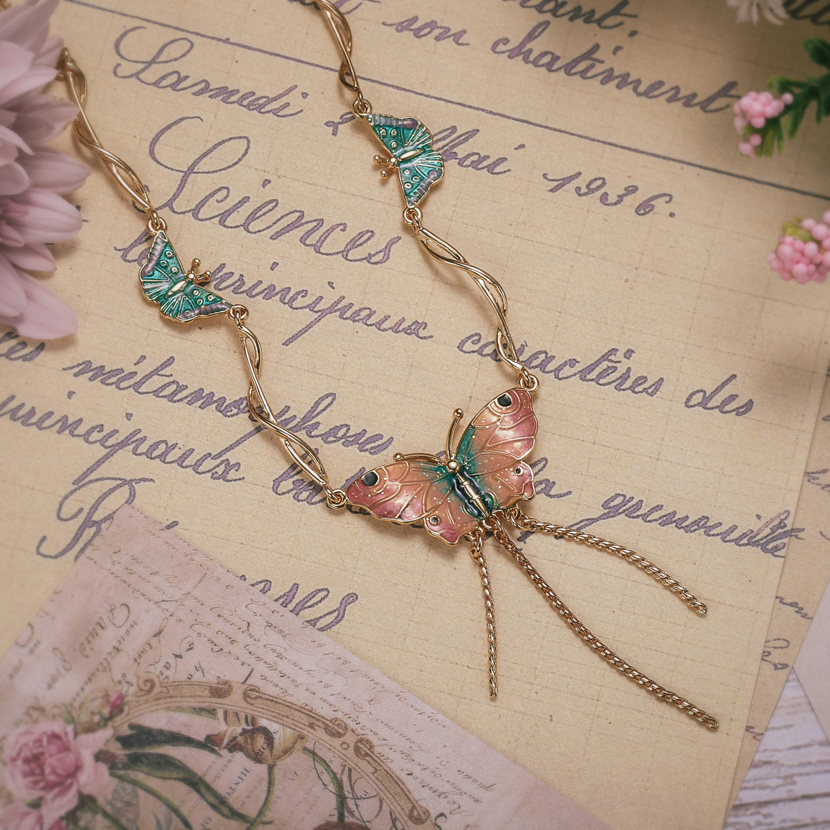 Gold Enamel Butterfly Necklace
