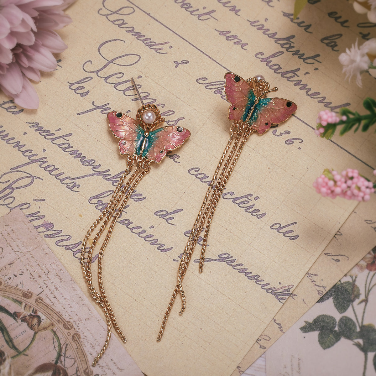 pearl butterfly tassel earrings
