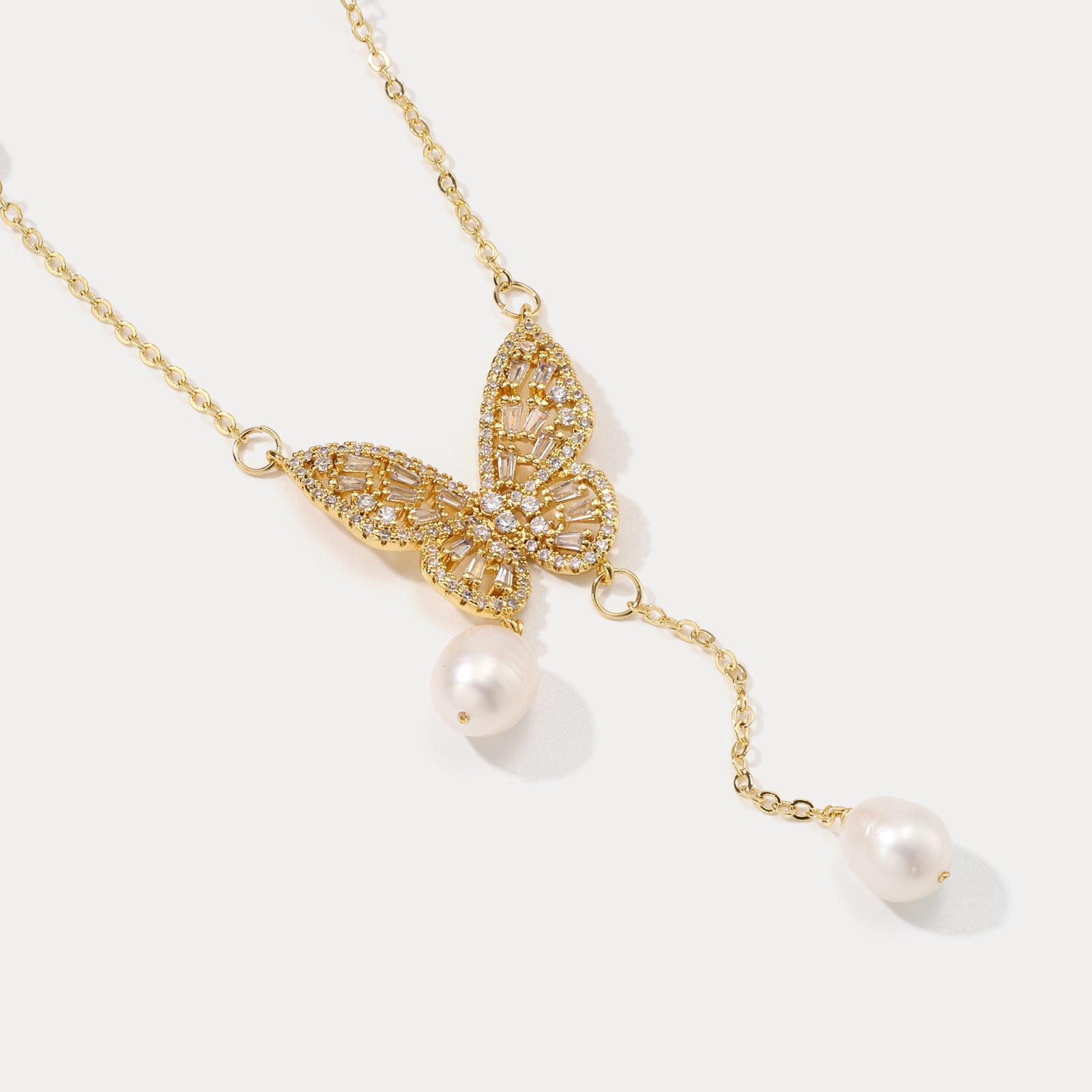 Gold Pearl Butterfly Diamond Necklace