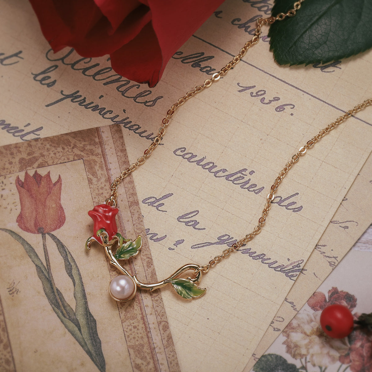 enamel rose necklace